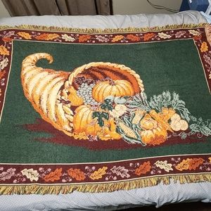 1992 MWW Tapestry Woven Throw Blanket Fall Thanksgiving Pumpkin  Cornucopia